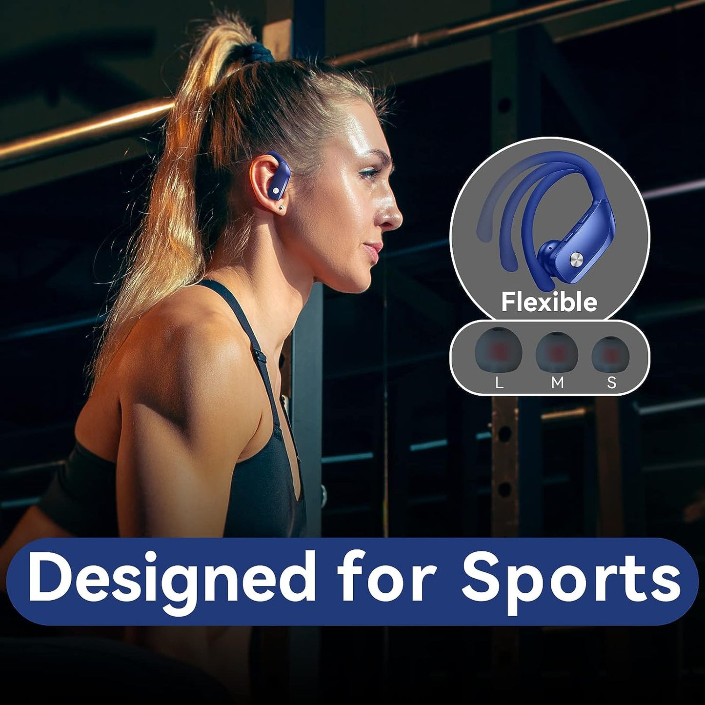 RM T16 running earbuds Wireless Earbuds Bluetooth Headphones 48hrs Play Back Sport Earphones with LED Display Over-Ear Buds with Earhooks Built-in Mic Headset for Workout Blue